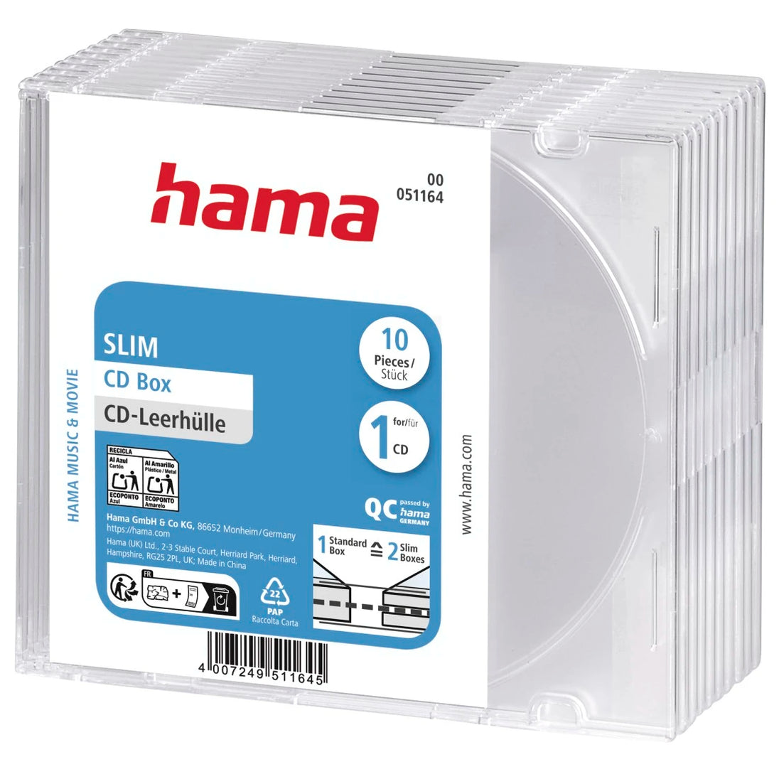 Hama 00051164 | Slim CD jewel cases | Pack of 10 | Transparent
