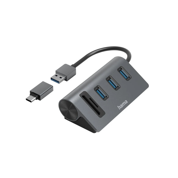 Hama 00200140 | USB hub and card reader | 3x USB-A and SD/microSD | Black/Grey