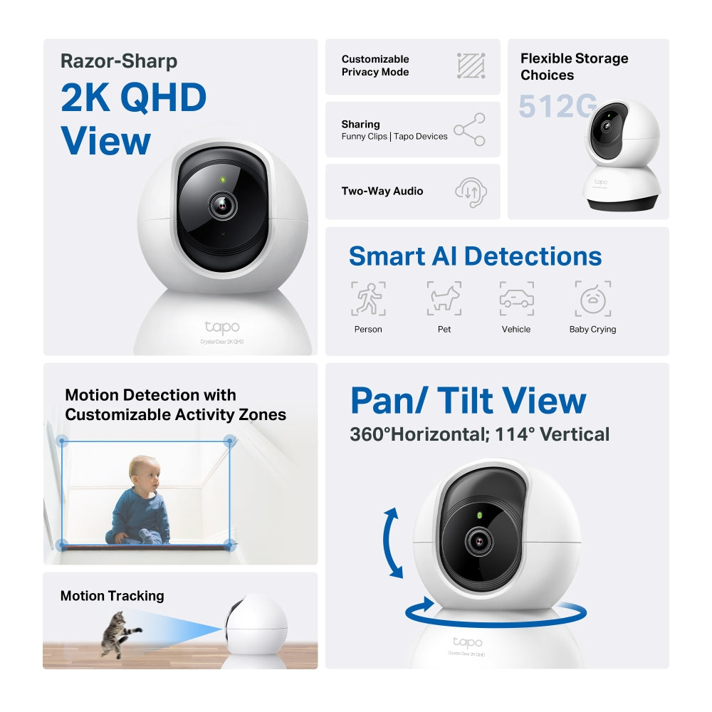 TP-Link Tapo C220 | Indoor Wi-Fi security camera | 2K 4MP pan and tilt | White