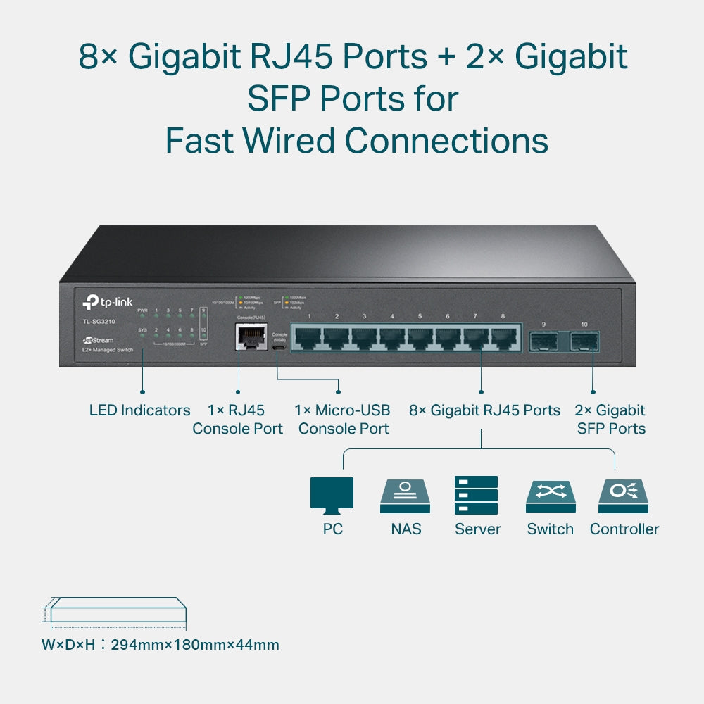 TP-Link JetStream TL-SG3210 | Managed Gigabit switch | 8 RJ45 and 2 SFP ports