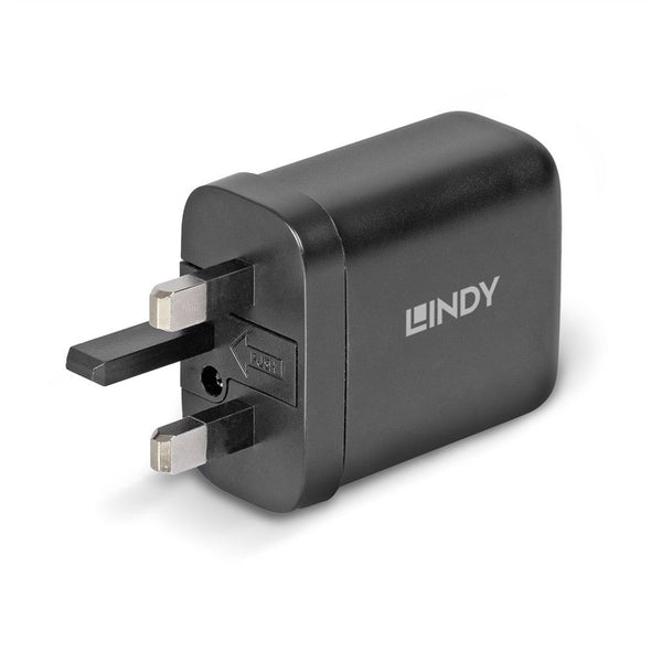 LINDY 65W USB 2 x Type C Charger | 65W GaN PD 3.0 | UK plug | Black