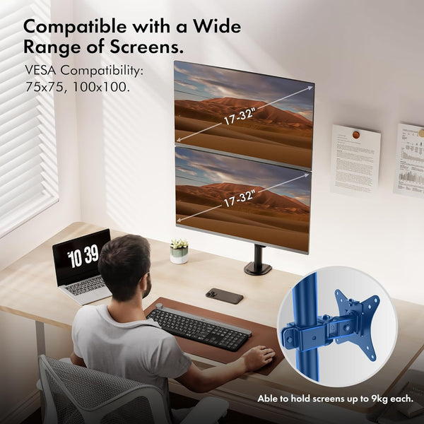 VonHaus Vertical Double Monitor Mount | 13–32 inch | Black