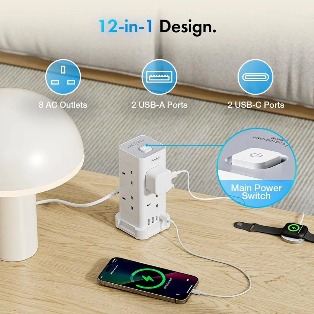 VonHaus Tower Extension Lead | 8 sockets and 4 USB ports | 2 m | White