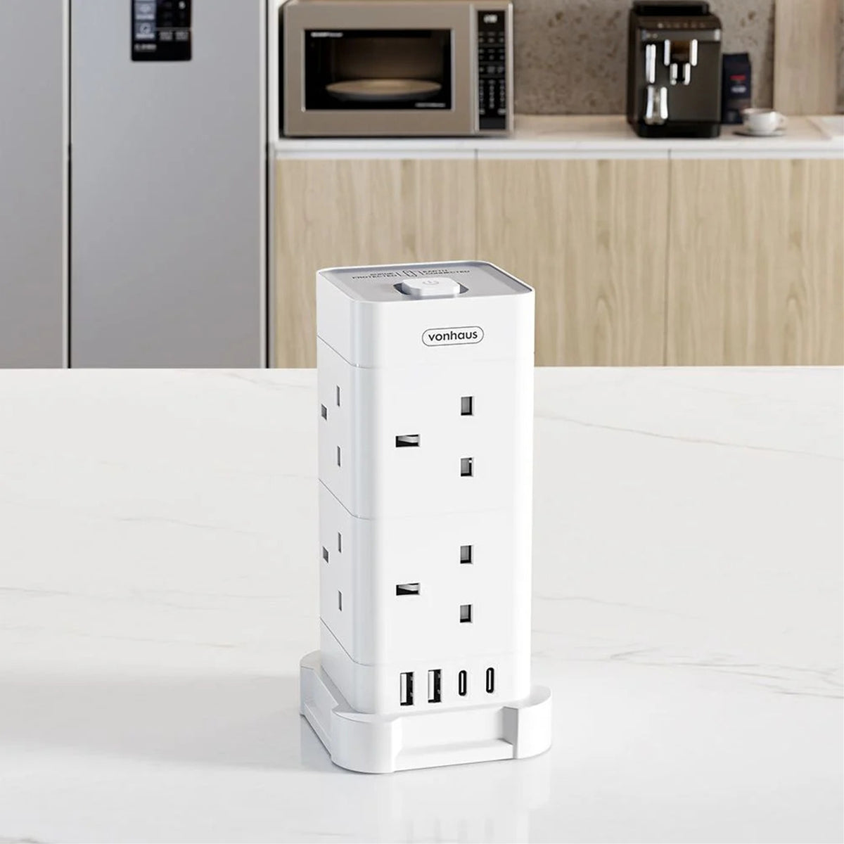 VonHaus Tower Extension Lead | 8 sockets and 4 USB ports | 2 m | White