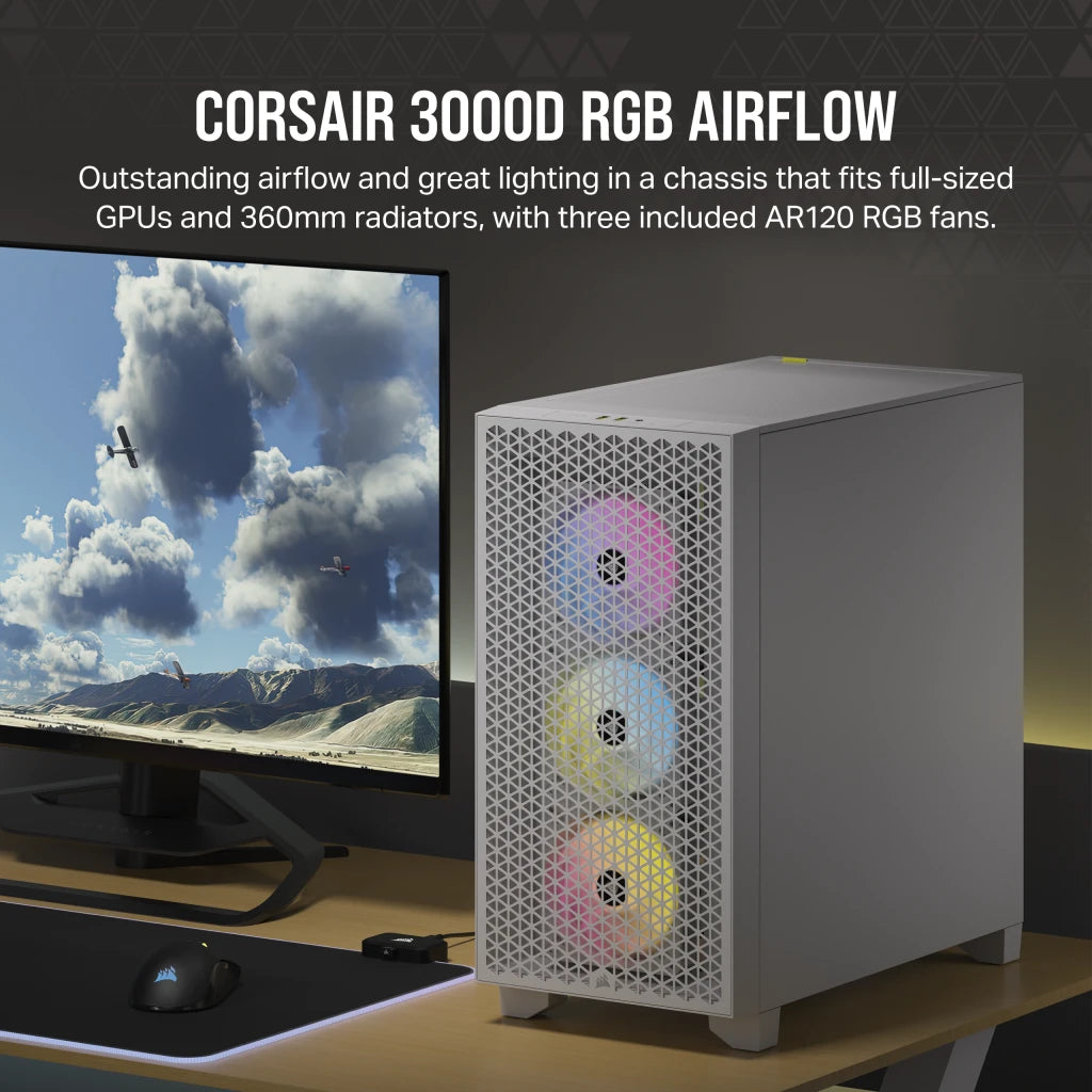 CORSAIR 3000D RGB AIRFLOW | Mid-tower PC case | Three AR120 RGB fans | White