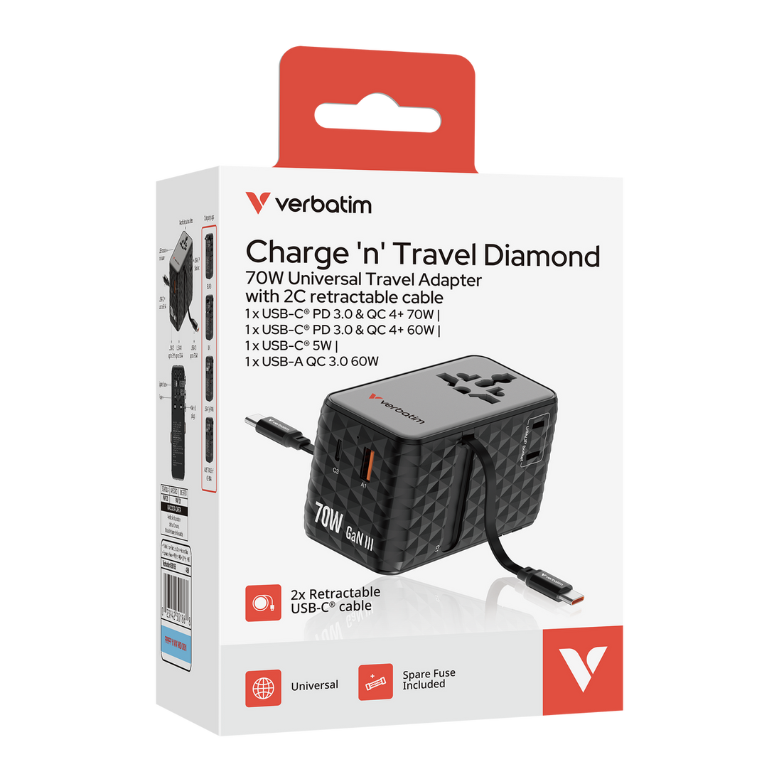 Verbatim Charge 'n' Travel 70W | 2 retractable USB-C cables | Black