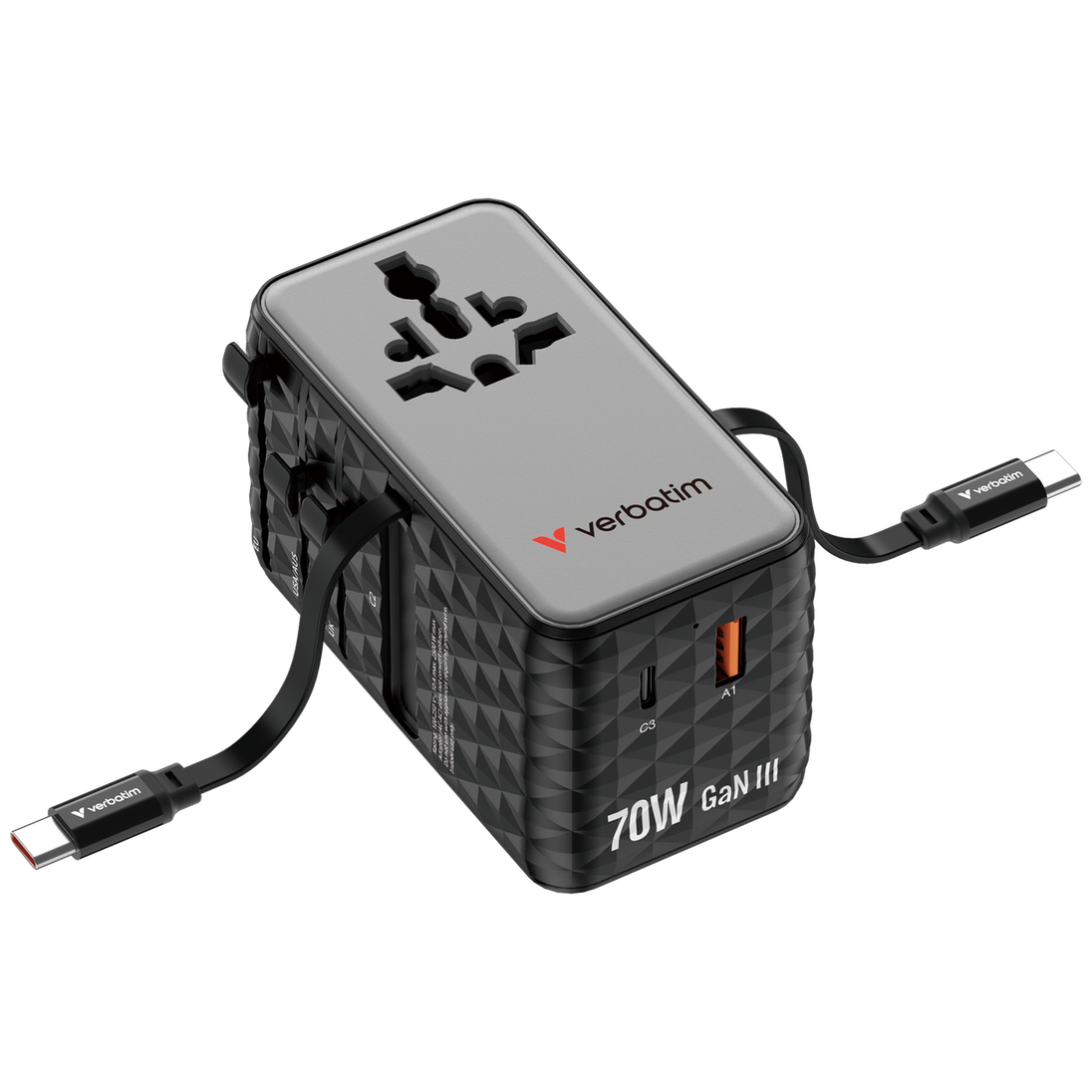 Verbatim Charge 'n' Travel 70W | 2 retractable USB-C cables | Black