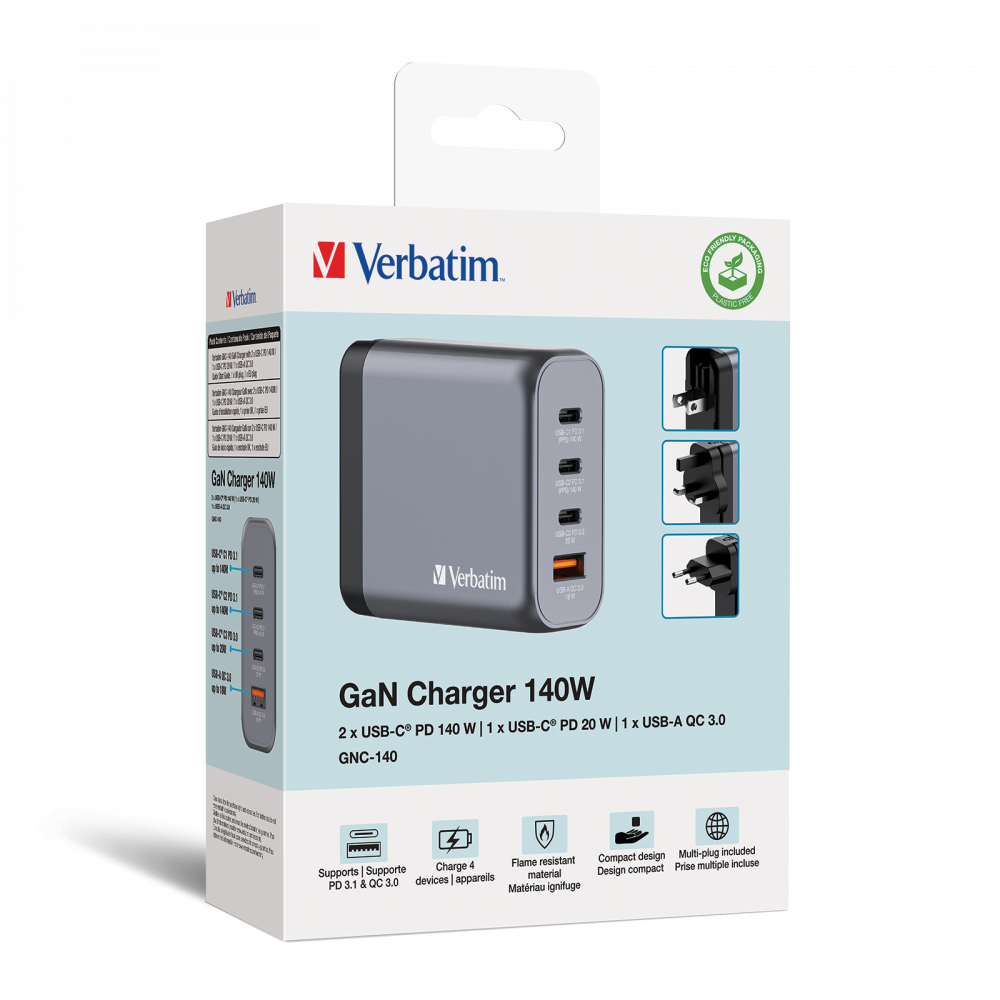 Verbatim GNC-140 | GaN wall charger | 140W 4-port | EU UK US