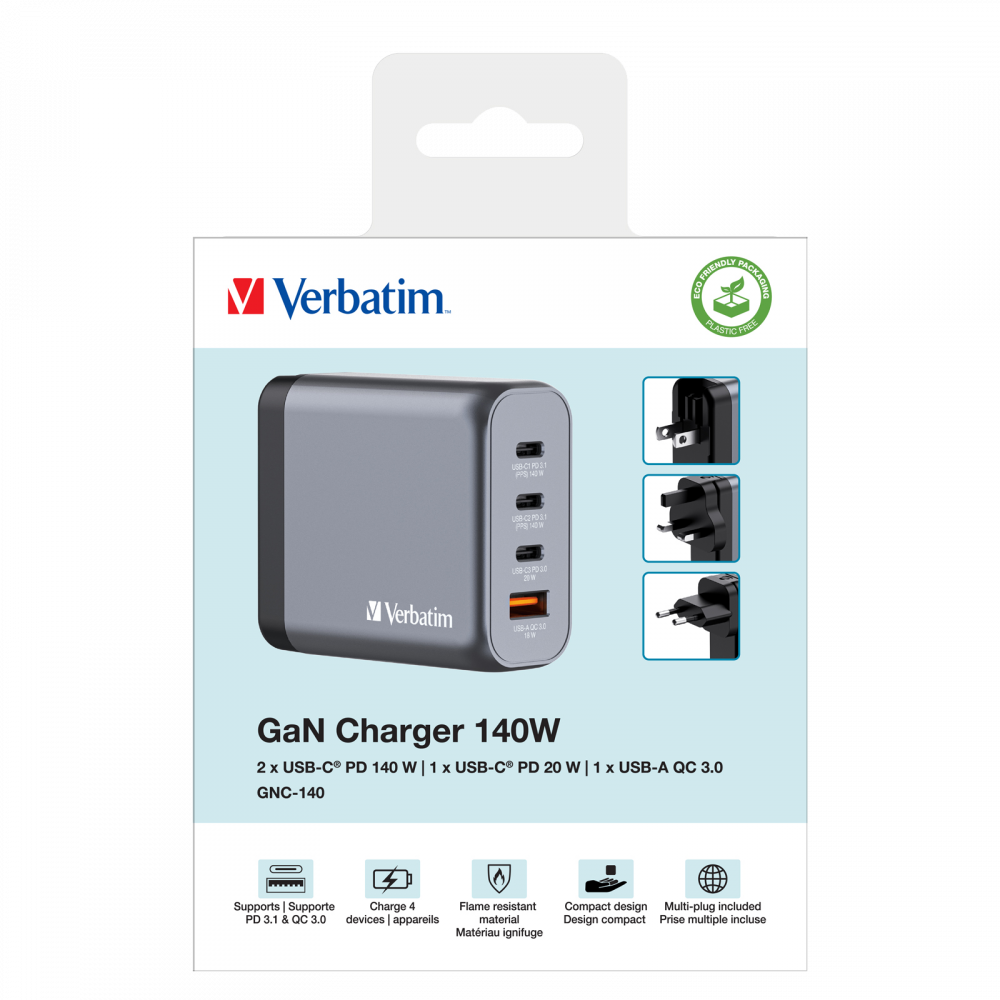 Verbatim GNC-140 | GaN wall charger | 140W 4-port | EU UK US