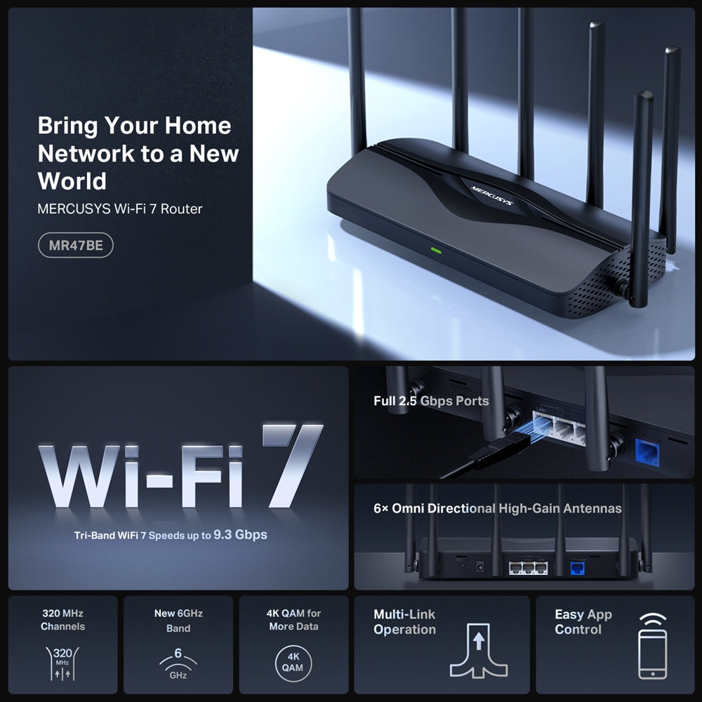 MERCUSYS MR47BE | Wi-Fi 7 router | Tri-band BE9300 | 2.5 Gbps ports