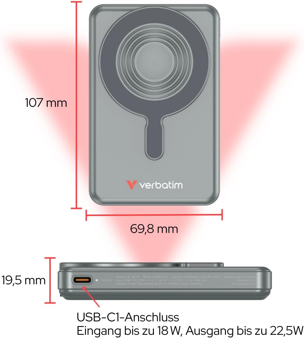 Verbatim Charge 'n' Go 32272 | Magnetic power bank | 10000 mAh | Grey