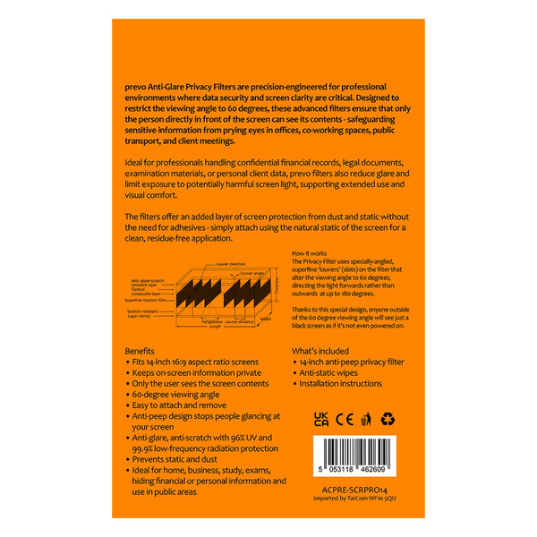PREVO SCRPRO14 | Laptop privacy filter | 14 inch 16:9 | Anti-glare