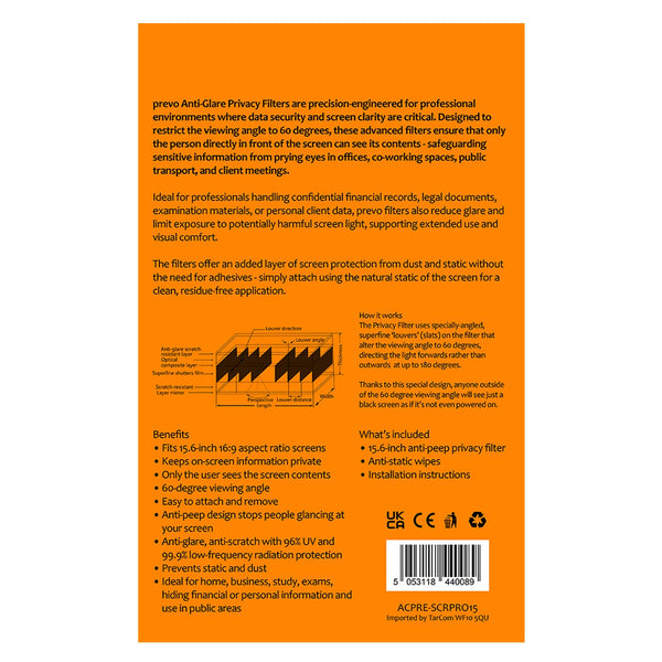 PREVO SCRPRO15 | Laptop privacy screen filter | 60° viewing angle