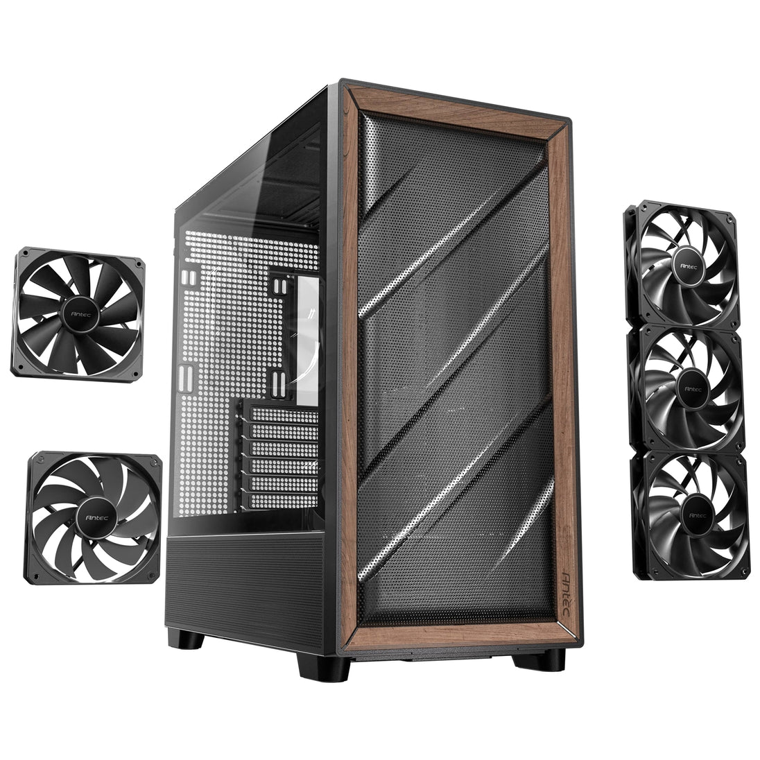 Antec FLUX | Mid tower PC case | E-ATX support | Black with walnut wood