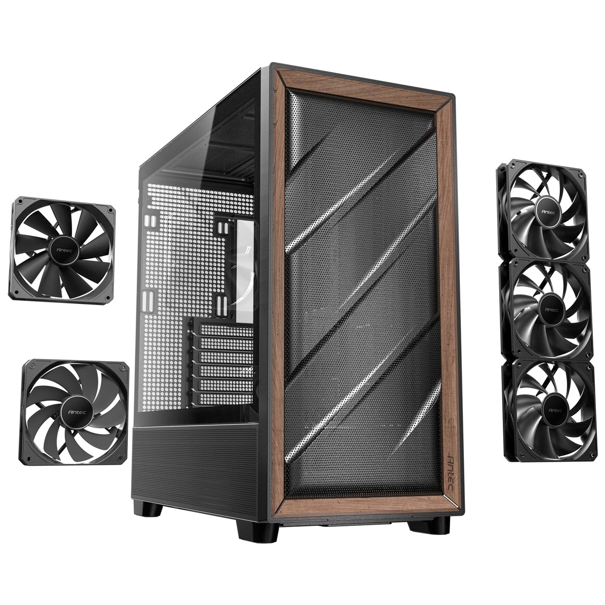 Antec FLUX | Mid tower PC case | E-ATX support | Black with walnut wood