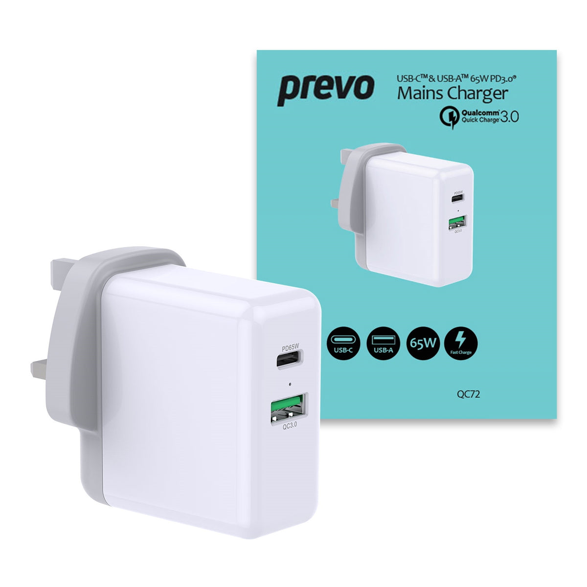 PREVO QC72 | USB-C and USB-A mains charger | 65W | White