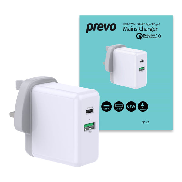 PREVO QC72 | USB-C and USB-A mains charger | 65W | White