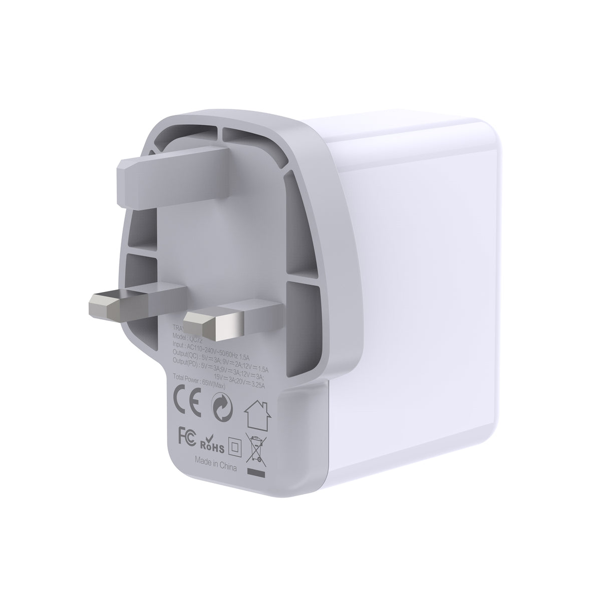 PREVO QC72 | USB-C and USB-A mains charger | 65W | White