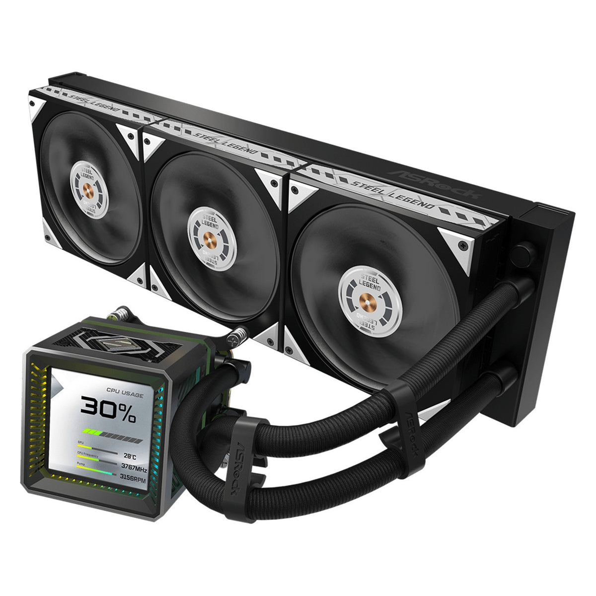 ASRock Steel Legend Dark 360 LCD | 360mm AIO CPU cooler | 3.4-inch LCD | Black