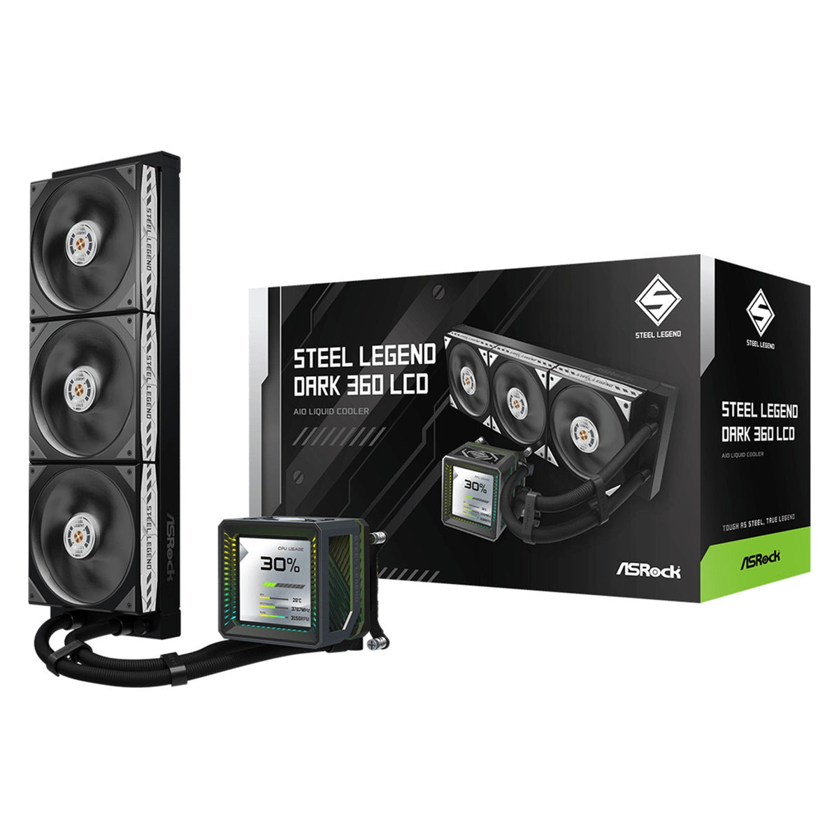 ASRock Steel Legend Dark 360 LCD | 360mm AIO CPU cooler | 3.4-inch LCD | Black