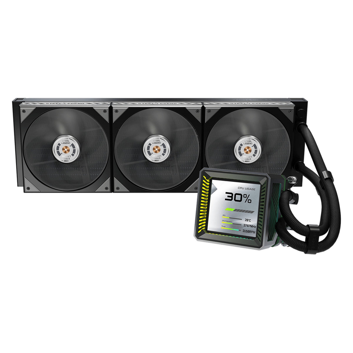 ASRock Steel Legend Dark 360 LCD | 360mm AIO CPU cooler | 3.4-inch LCD | Black