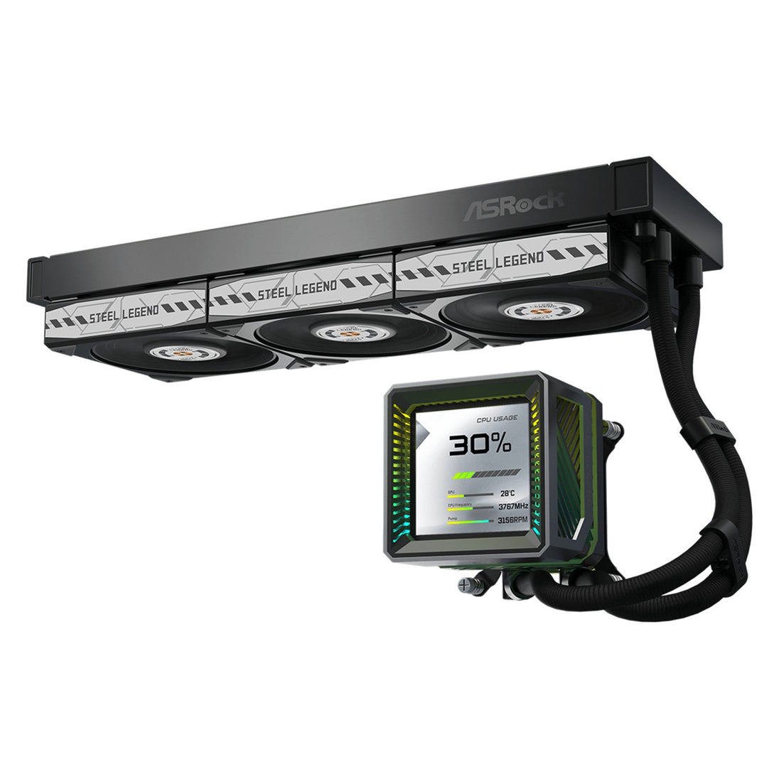 ASRock Steel Legend Dark 360 LCD | 360mm AIO CPU cooler | 3.4-inch LCD | Black
