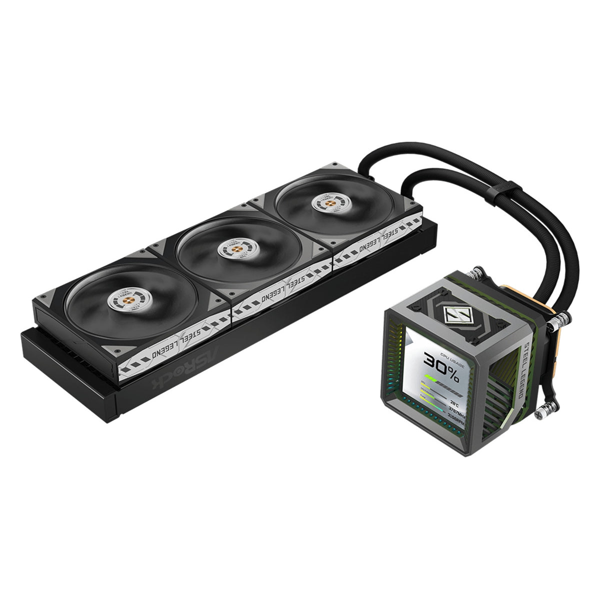 ASRock Steel Legend Dark 360 LCD | 360mm AIO CPU cooler | 3.4-inch LCD | Black