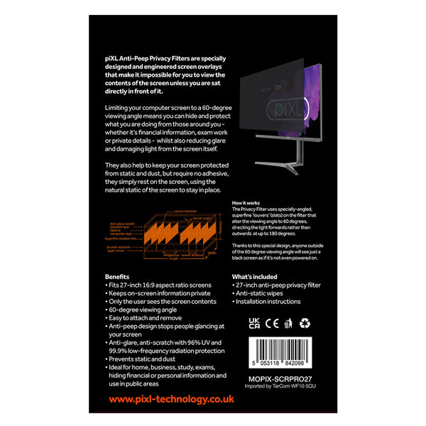 piXL SCRPRO27 | Monitor privacy screen filter | 60° viewing angle | 27 inch 16:9
