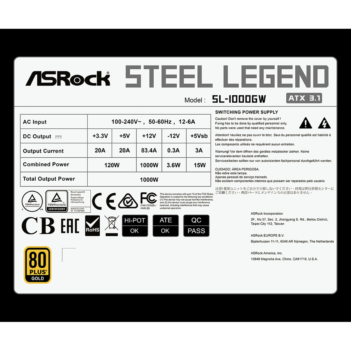 ASRock Steel Legend SL-1000GW | 1000W ATX power supply | 80 Plus Gold | White