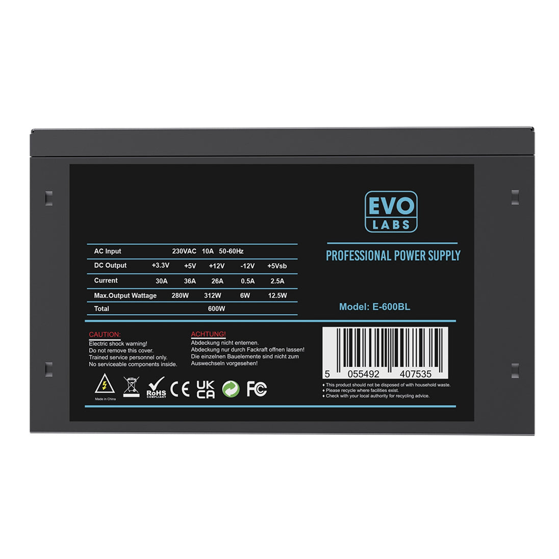 Evo Labs E-600BL | ATX power supply | 600W non-modular | Black