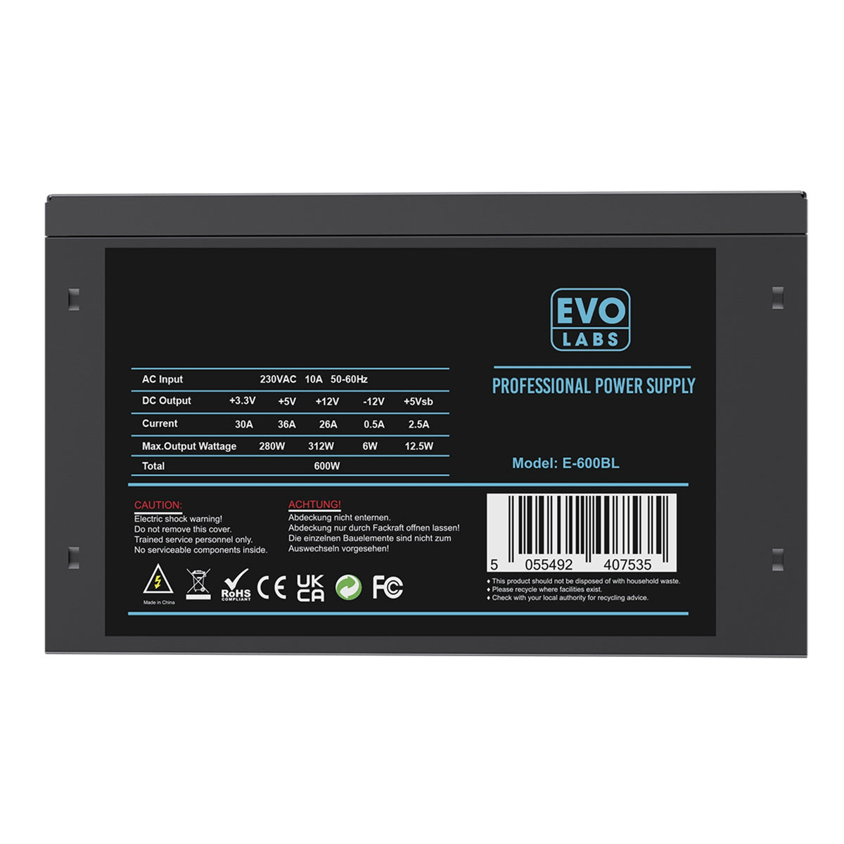 Evo Labs E-600BL | ATX power supply | 600W non-modular | Black