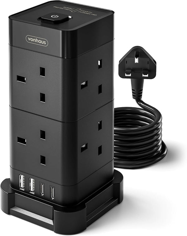 VonHaus 3515019.1 | Tower extension lead | 8 sockets and 4 USB ports | 2 m