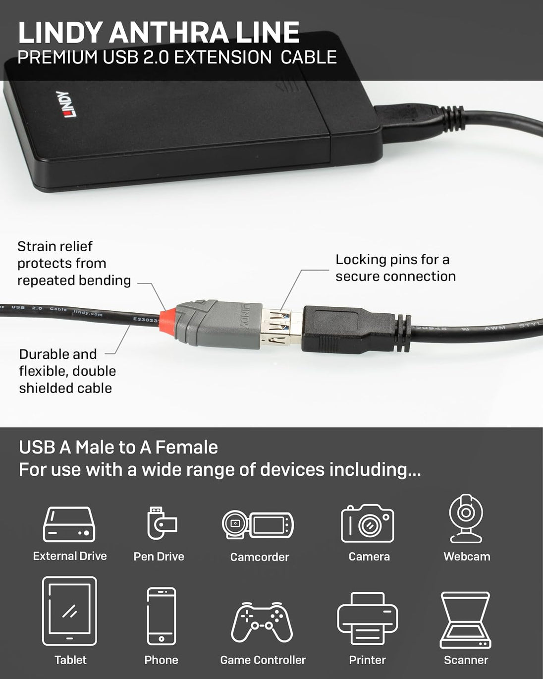 Lindy Anthra Line | USB 2.0 extension cable | 480Mbps | 0.5m black