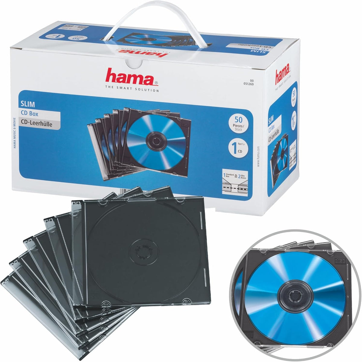 Hama 51269 | Slim CD jewel cases | 50 pack | Transparent and black