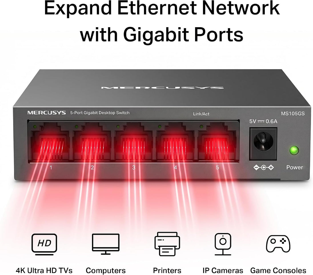 MERCUSYS MS105GS | 5-port Gigabit network switch | 5 x 10/100/1000 Mbps | Metal
