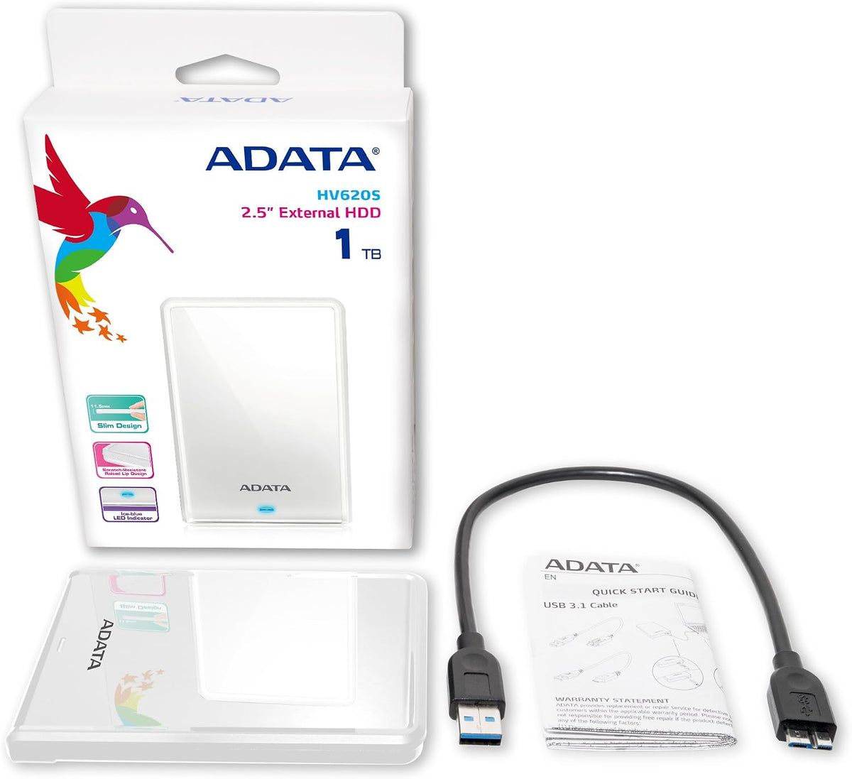 ADATA HV620S | Portable external hard drive | 1TB USB 3.2 Gen1 | White
