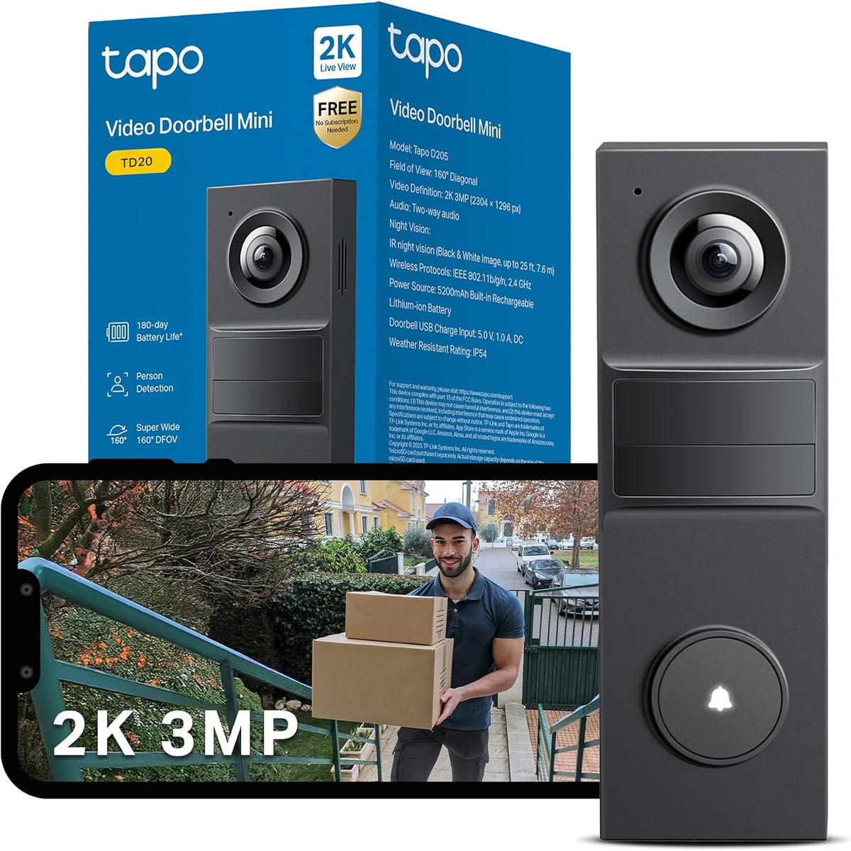 TP-Link Tapo TD20 | Smart video doorbell | 2K 160° view | Black