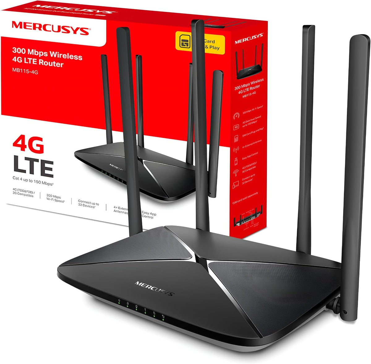 MERCUSYS MB115-4G | 4G LTE Wi-Fi router | N300 2.4 GHz | Black