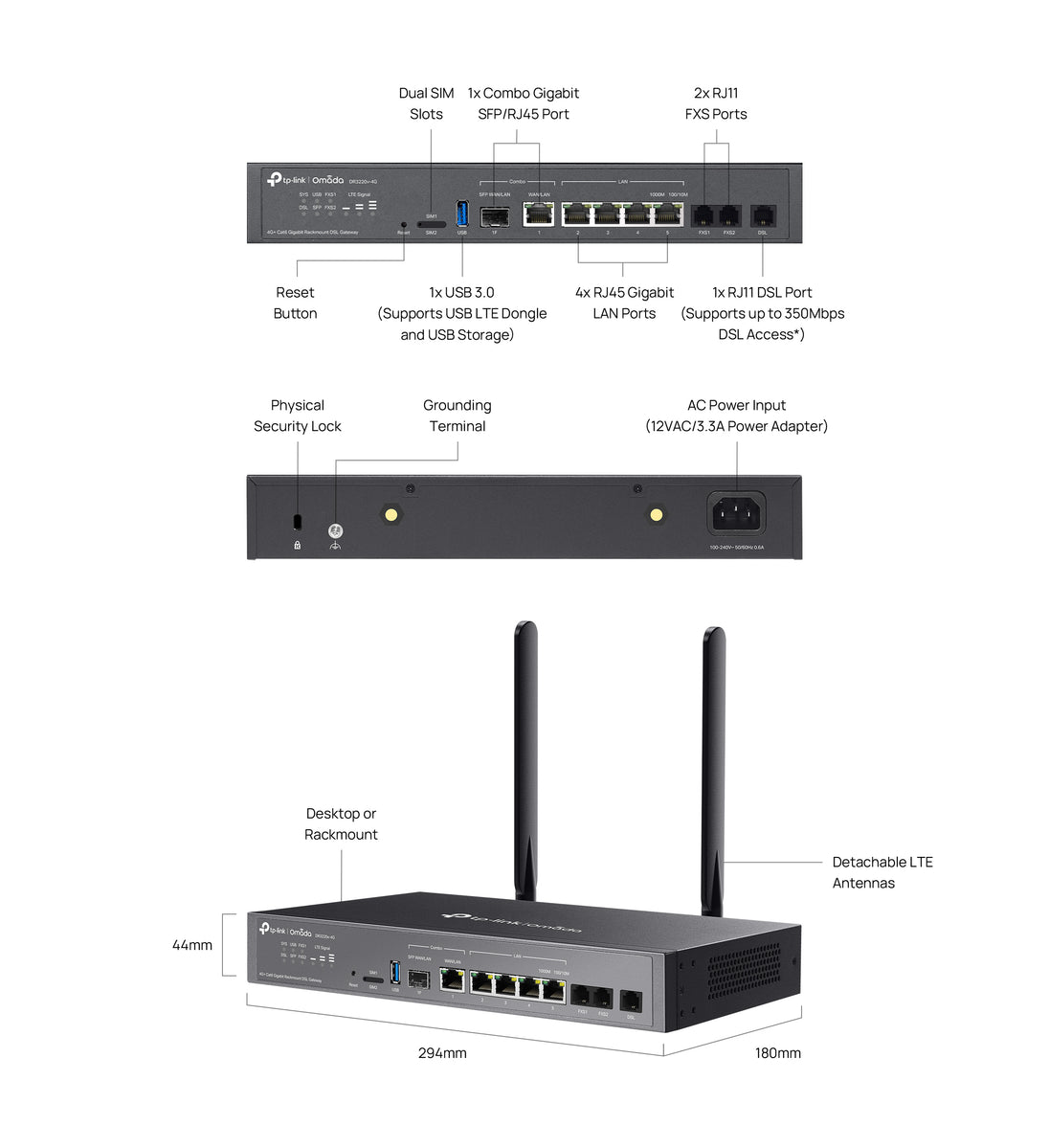 TP-Link Omada DR3220v-4G | DSL gateway | 4G+ Cat6 | Rackmount