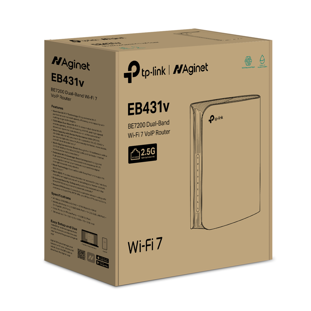 TP-Link Aginet EB431v | Wi-Fi 7 router | BE7200 dual-band | VoIP