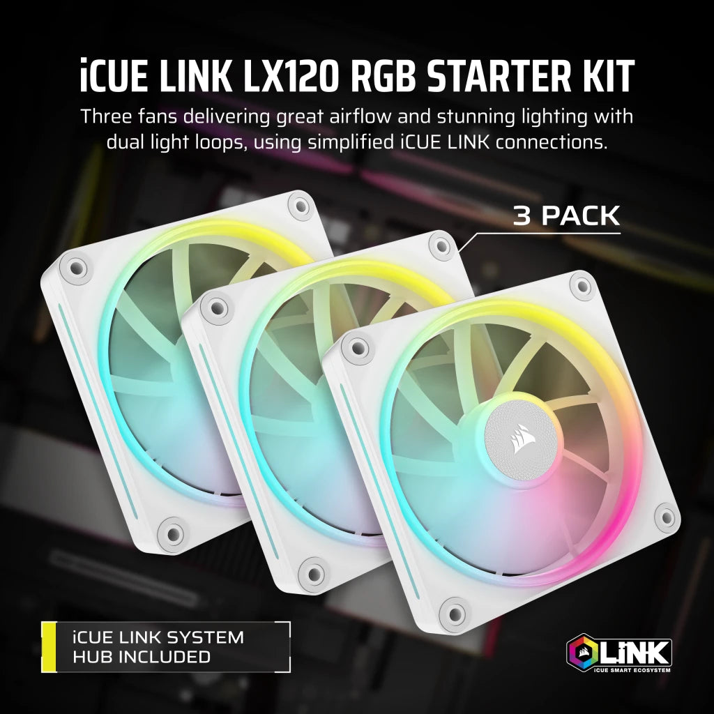 CORSAIR iCUE LINK LX120 | 120mm RGB case fans | 3-fan starter kit | White