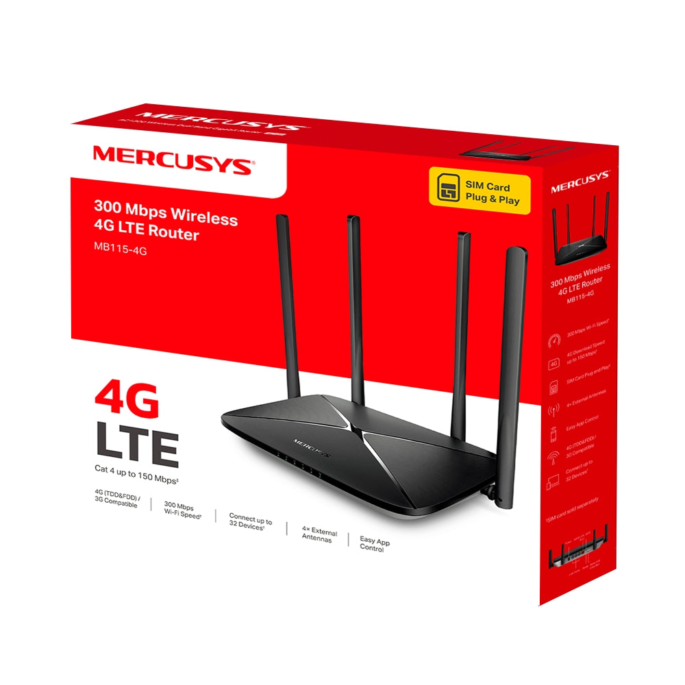 MERCUSYS MB115-4G | 4G LTE Wi-Fi router | N300 2.4 GHz | Black