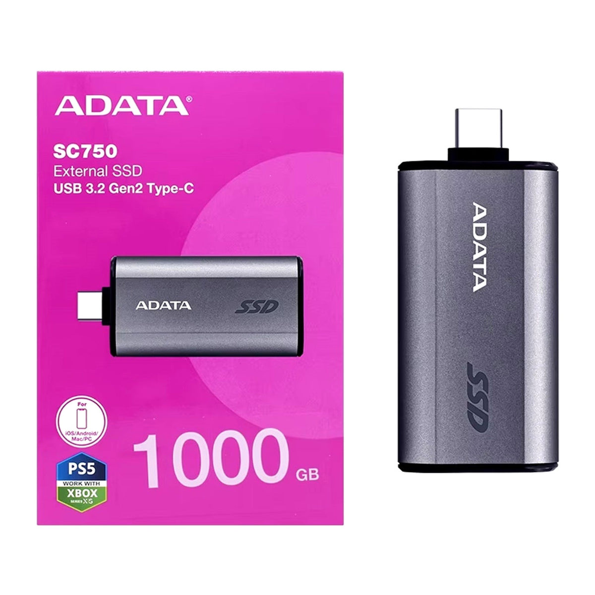 ADATA SC750 | Portable SSD | USB-C USB 3.2 Gen2 | 1TB Black Titanium