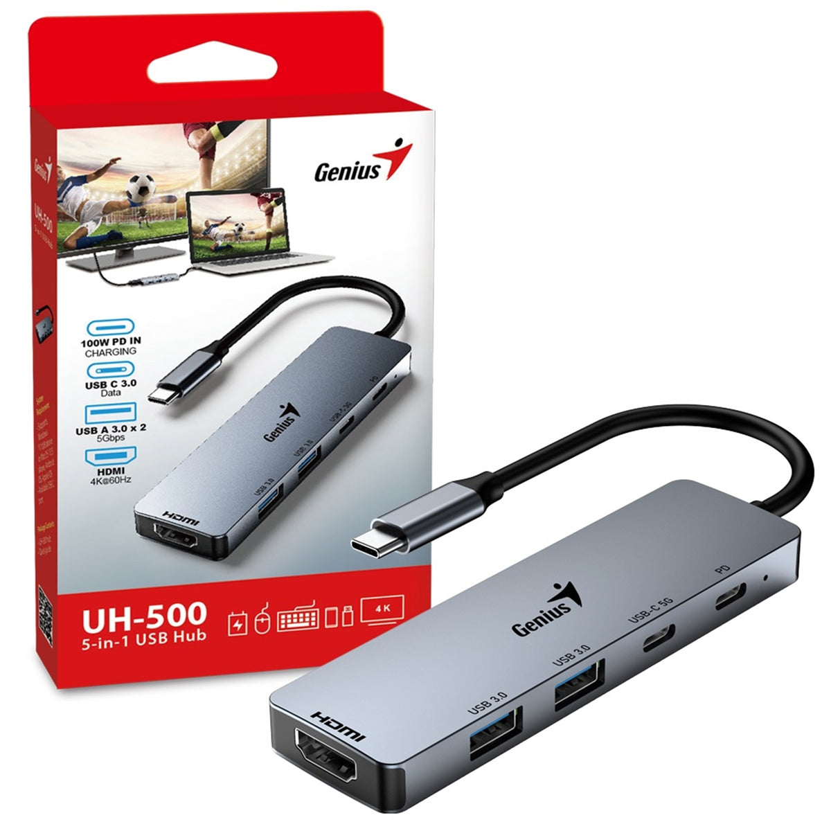 Genius UH-500 | 5-in-1 USB-C hub | 4K HDMI at 60Hz | Grey