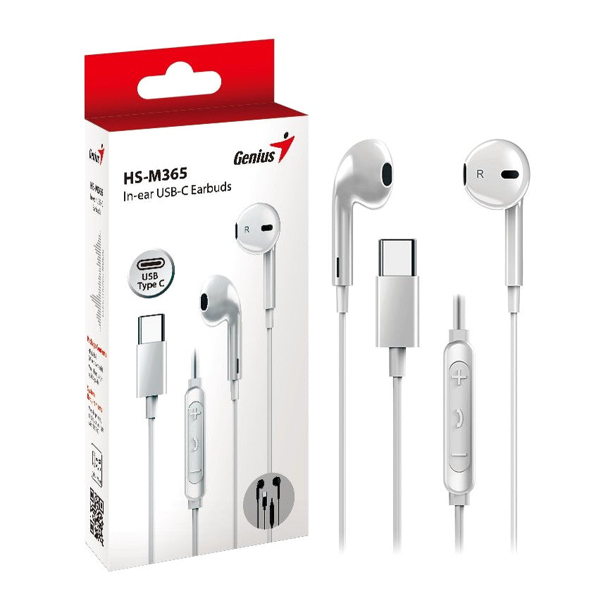 Genius HS-M365W | USB-C wired earbuds | In-line mic & volume | White