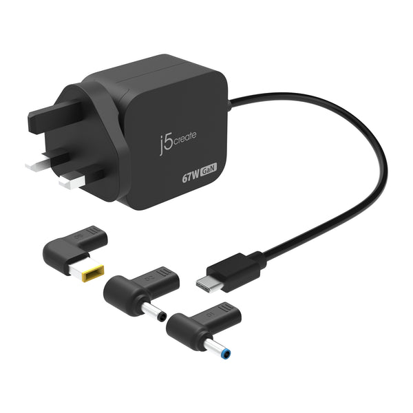 j5create 67W GaN USB-C Mini Charger | 3 DC laptop connectors | UK plug | Black