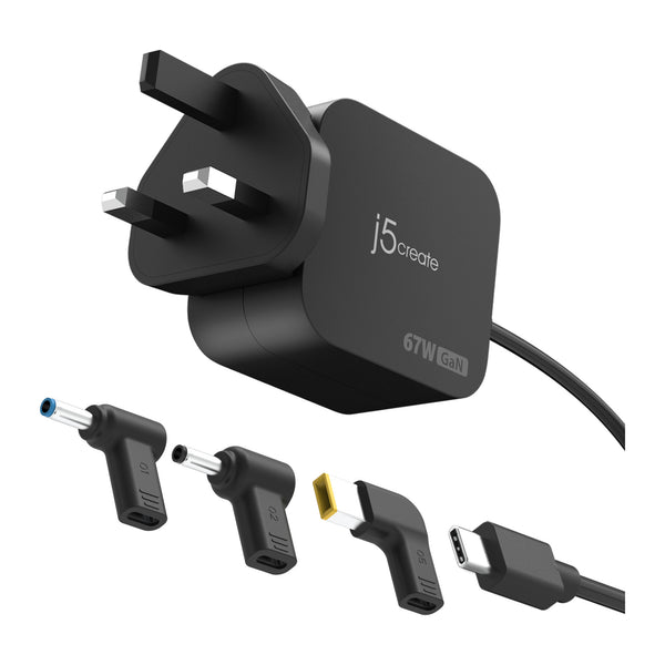 j5create 67W GaN USB-C Mini Charger | 3 DC laptop connectors | UK plug | Black