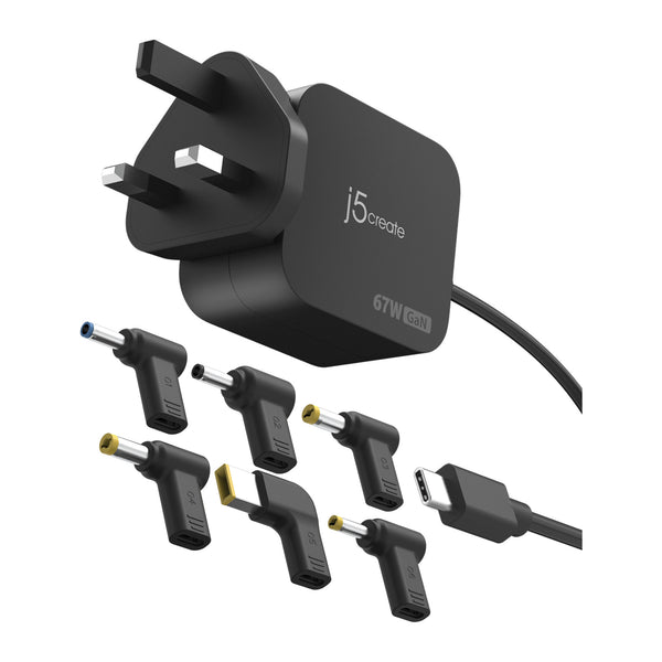 j5create JUP1565DCF-FN | 67W GaN USB-C Charger | 6 DC Laptop Tips | UK | Black