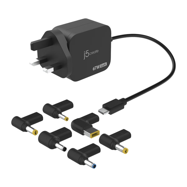 j5create JUP1565DCF-FN | 67W GaN USB-C Charger | 6 DC Laptop Tips | UK | Black