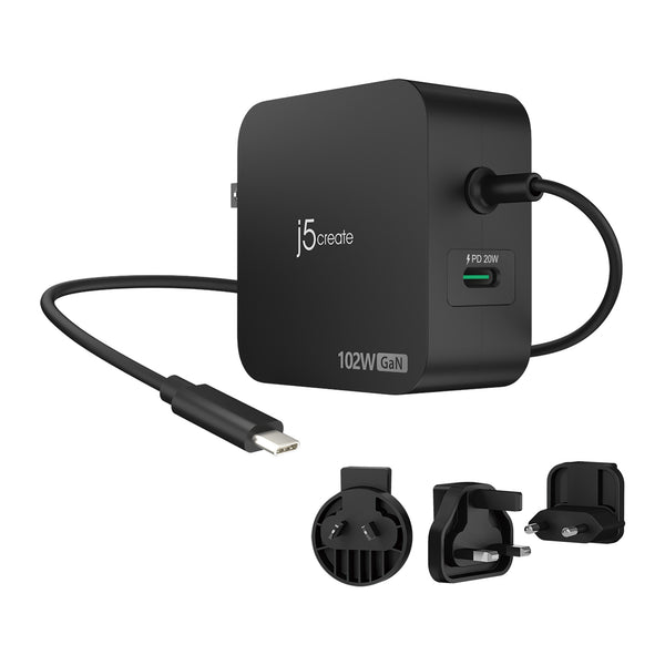 j5create JUP25102V-N | 102W GaN USB-C charger | 2-port | 1.8m tethered cable